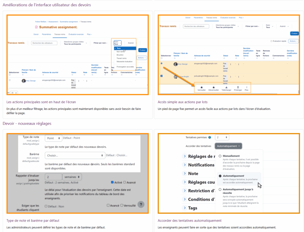 Les nouveautés de l'activité Devoir en version 4.5 Moodle.
Source : https://docs.moodle.org/4x/fr/Nouveaut%C3%A9s_de_Moodle_4.5