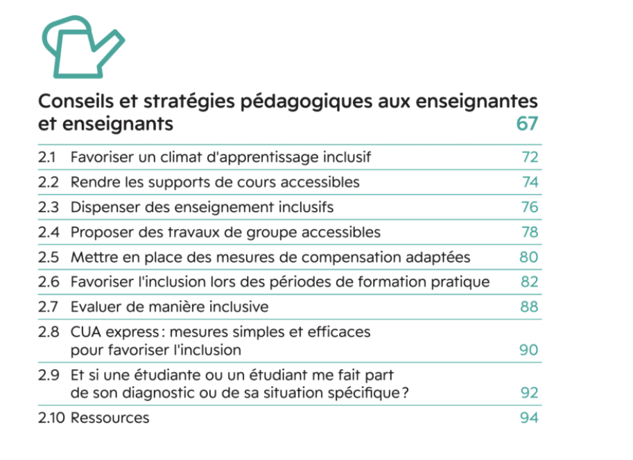 Conseils et stratégies pédagogiques aux enseignantes et enseignants : table des matières du livre